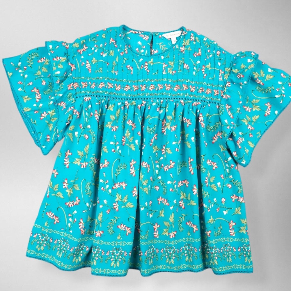 Boho Floral Peasant Blouse Smocked Flutter Sleeve Ladder Lace Festival Top Small